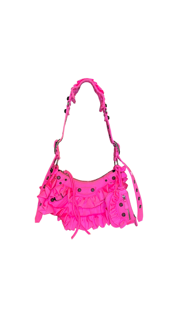 Rare Balenciaga Neo Cagole Mini Shoulder Bag Neon Pink Ruffle Edition Silver Hardware with Mini Zip Pouch