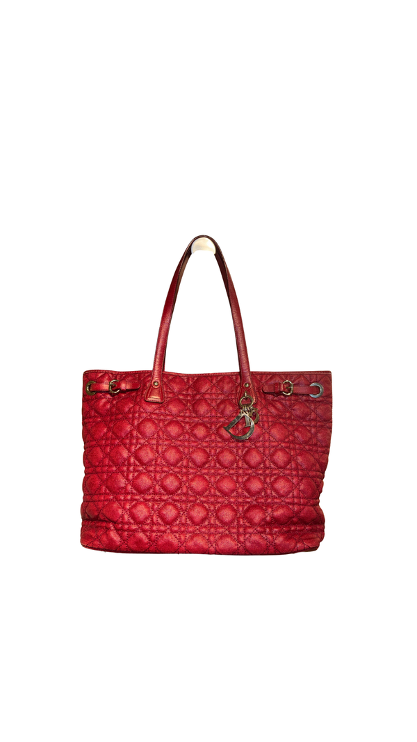 Christian Dior Cannage Panarea Tote Bag Quilted Metallic Red Leather Shoulder Bag D.I.O.R. Charms Vintage