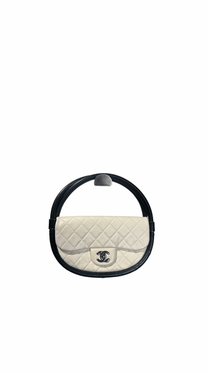 Chanel Iconic S/S 2013 Karl Lagerfeld Hula Hoop White CC flap Black trim Quilted Calfskin Mini Ivory Black handles