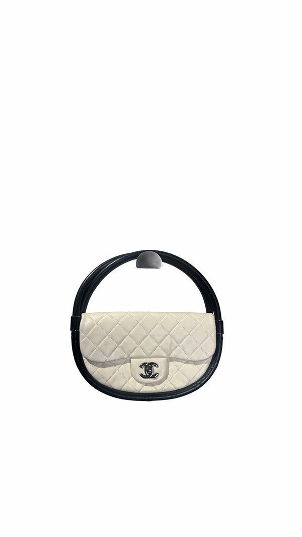 Chanel Iconic S/S 2013 Karl Lagerfeld Hula Hoop White CC flap Black trim Quilted Calfskin Mini Ivory Black handles