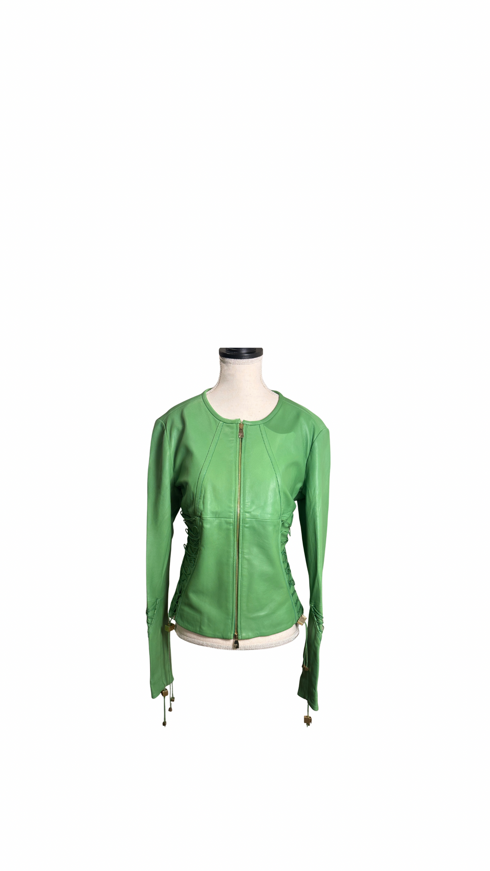 Versace bright Green Leather Jacket Lace up Corset racer jacket medusa detailing edgy chic fitted gold toggles medusa