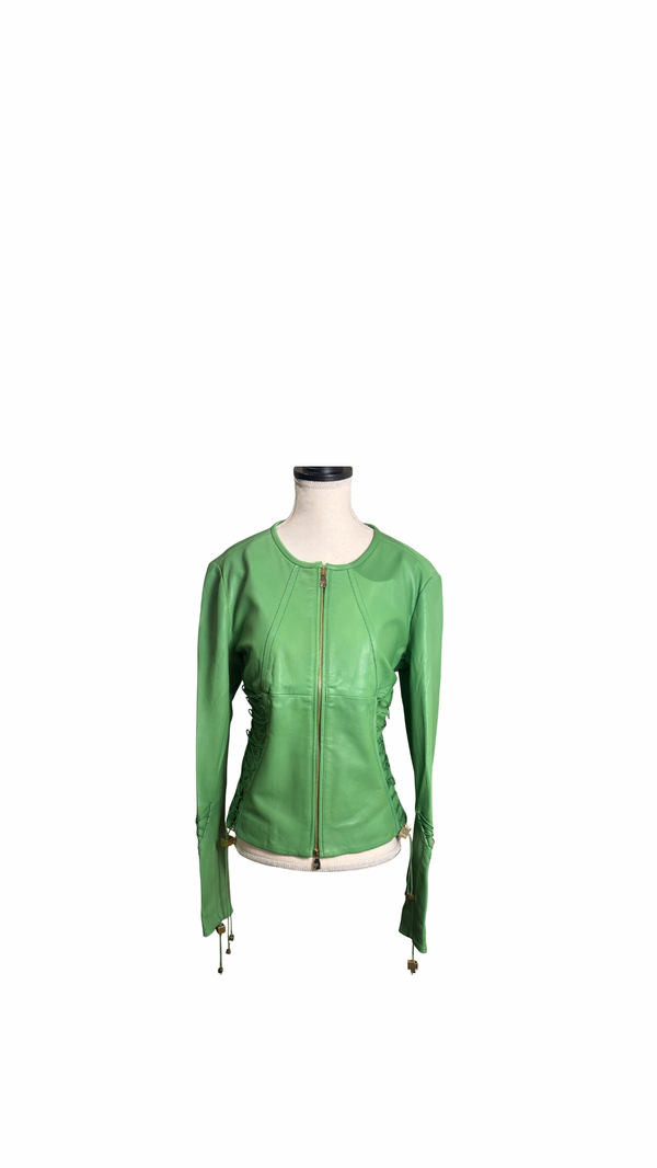 Versace bright Green Leather Jacket Lace up Corset racer jacket medusa detailing edgy chic fitted gold toggles medusa