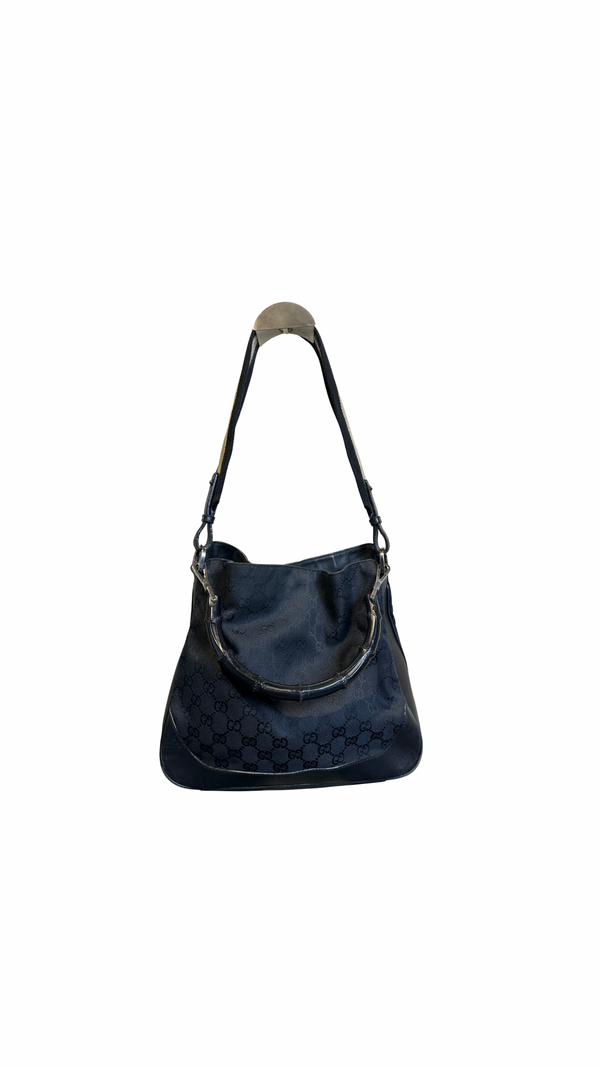 Gucci Bamboo Tote Bag GG Canvas Black Monogram Shoulder bag logo tote bamboo handle emblem leather trim 2000s