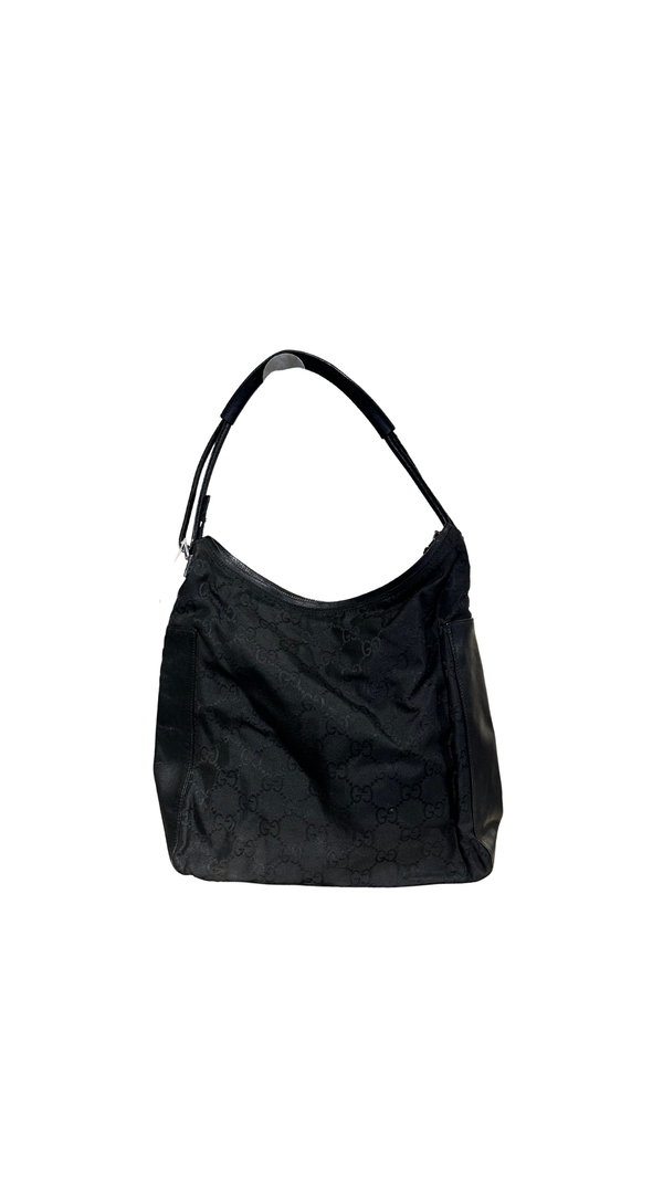 Gucci Vintage GG Monogram Canvas Hobo Shoulder Bag Black Leather Trim Silver Tone Hardware