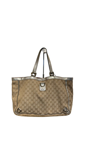 Gucci Vintage GG Canvas D Ring Tote Bag Beige Metallic Silver Leather Shoulder Bag Silver Tone Hardware