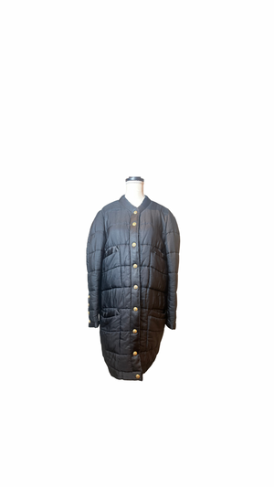 Chanel F/W 1990 Black Quilted Long Parka Puffer Coat with Gold CC buttons Long sleeve Rare Vintage Silk FR 36