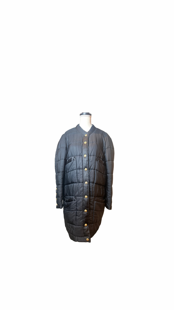 Chanel F/W 1990 Black Quilted Long Parka Puffer Coat with Gold CC buttons Long sleeve Rare Vintage Silk FR 36