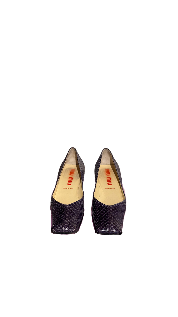 Miu Miu Square-Toe Snakeskin Block Heel Pumps Deep Purple Violet Size 36.5