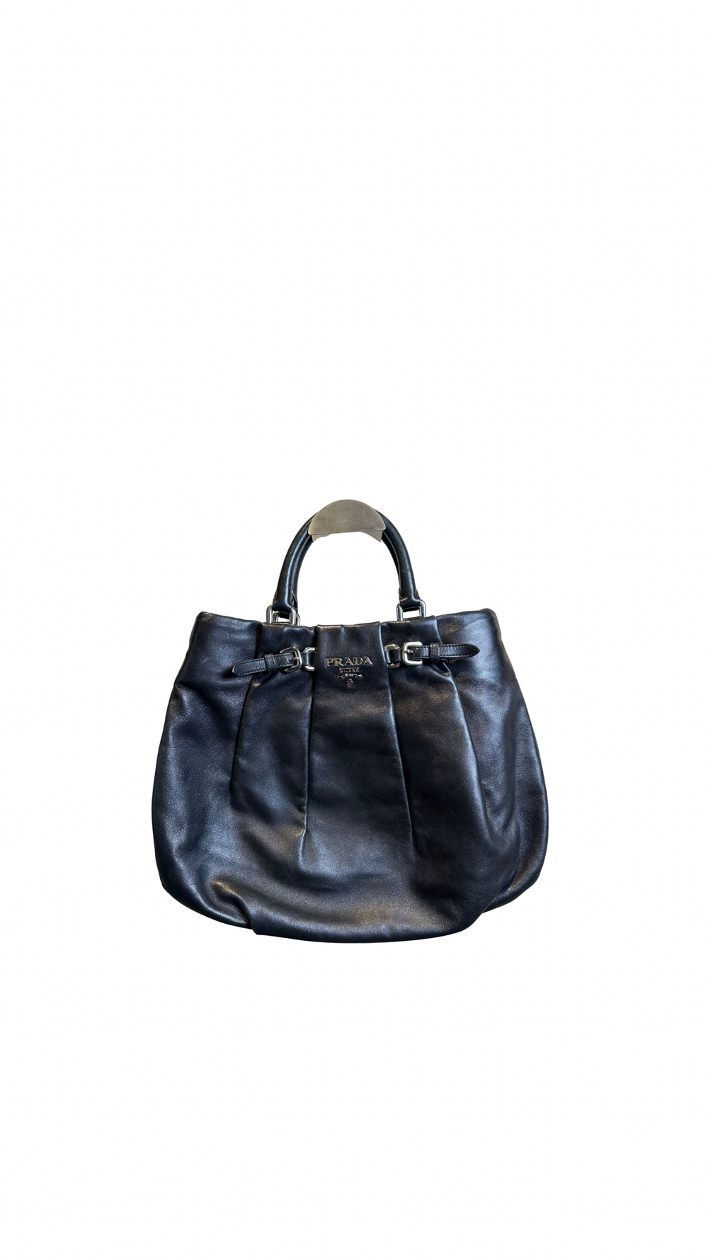 Prada Vitello Daino Bag Black Nappa Leather Pleated 2Way Top Handle Bag subtle logo hardware timeless line