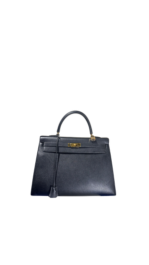Hermès Kelly 32 Handbag Black Top Handle Vintage Clochette Lock Black leather Gold Hardware Very Good Condition Iconic