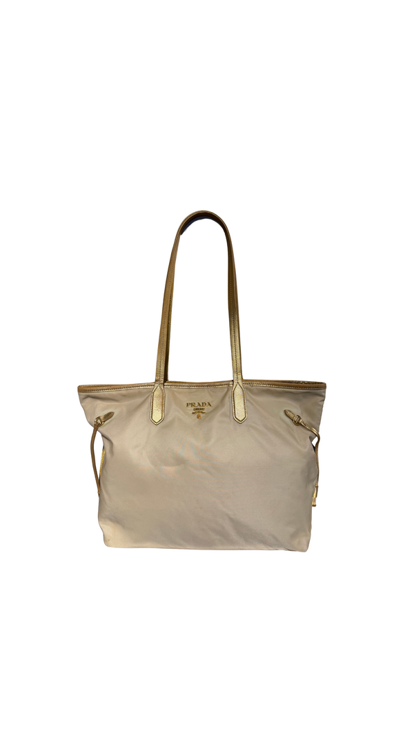 Prada Beige Tessuto Nylon and Saffiano Leather Tote Bag Gold-Tone Hardware