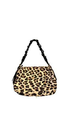 Stuart Weitzman Vintage Leopard Print Pony Hair Shoulder Bag Black Braided Chain Handle Gold Tone Hardware