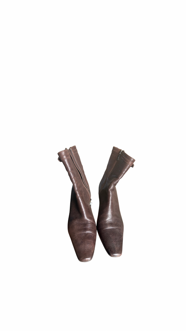 Prada Ankle Boots Booties kitten heel brown 90s gold buckle detailing pointed square toe worn leather