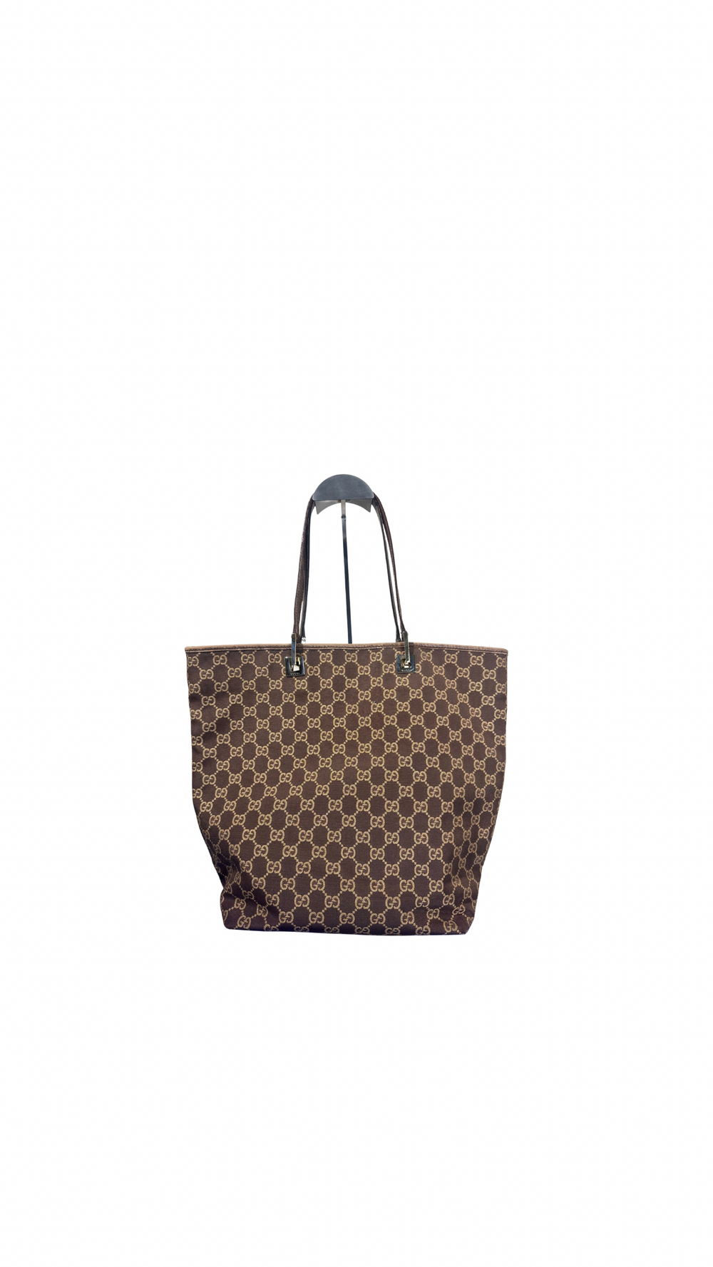 Gucci GG Monogram tote canvas brown beige thin strap leather details shoulder bag