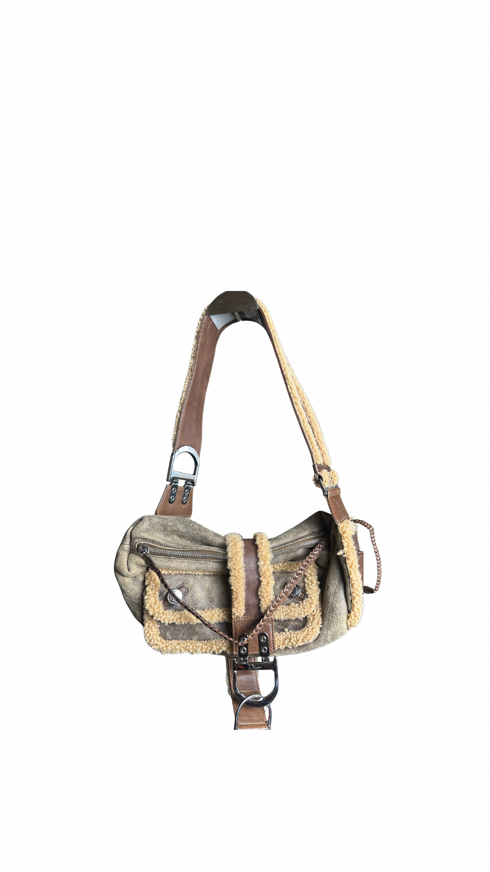 Christian Dior shearling Flight Columbus Shoulder Bag khaki green brown cream y2k 2005 John Galliano