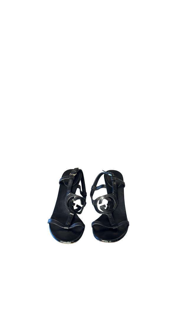 Tom Ford Gucci black leather 90s chic elegant strappy heels gladiator style interlocking sandal EU 37 1/2
