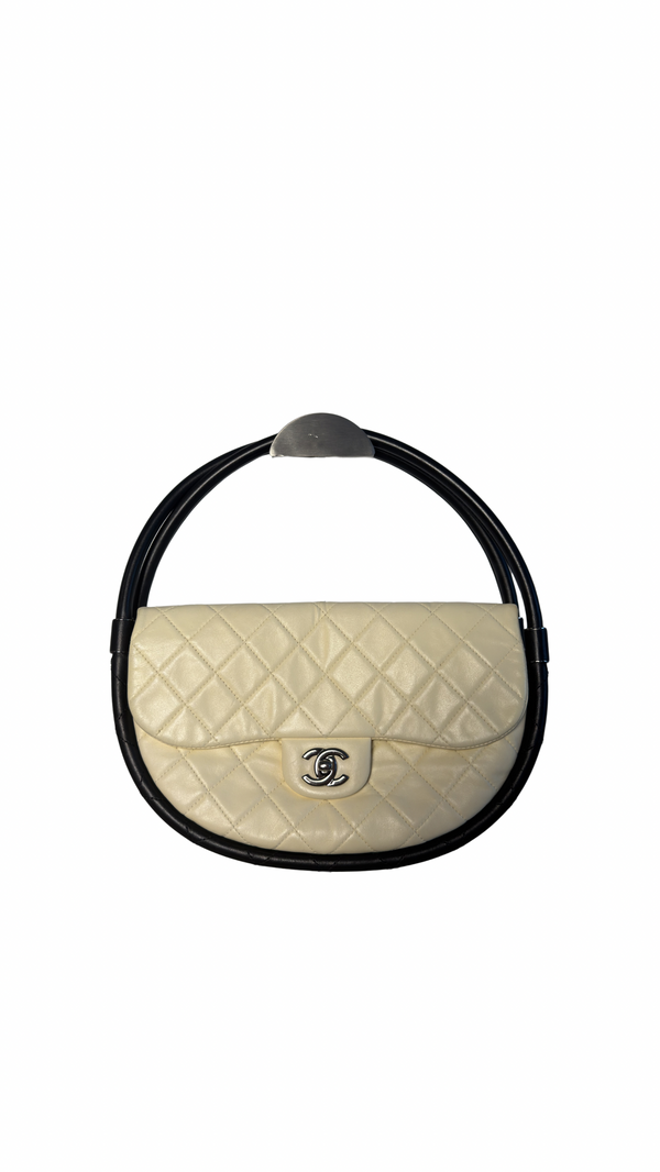 Chanel Iconic S/S 2013 Karl Lagerfeld Hula Hoop White CC flap Black trim Quilted Calfskin Mini