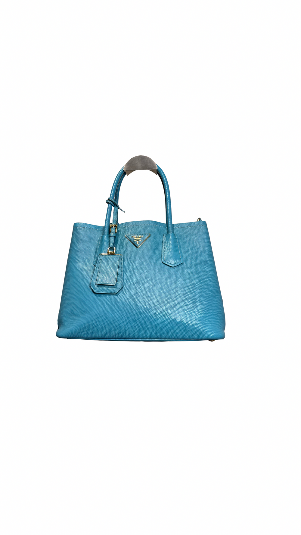 Prada Bag Teal Blue Saffiano Leather Tote Strap Top Handles Structured Logo