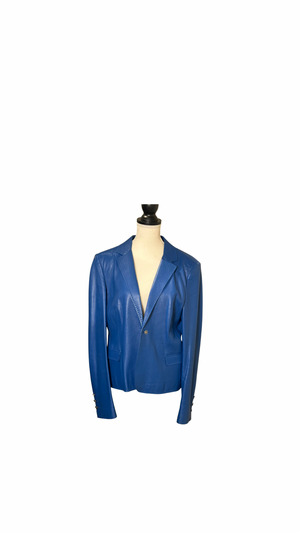 Versace electric Blue Leather Blazer chic sleek 90s jacket button up medusa button detail IT 48