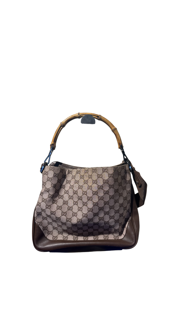Gucci Bamboo Tote Bag GG Canvas Brown Monogram Shoulder bag logo tote bamboo handle emblem leather trim 2000s