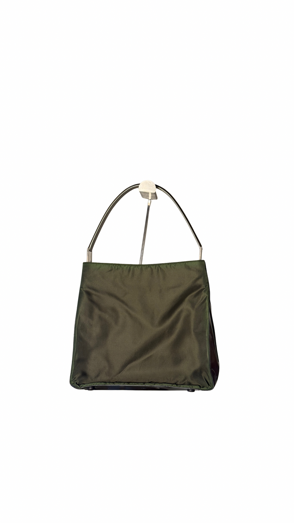 Prada Nylon Leather trim Bag shoulder tote bag khaki metal strap 2000s 90s chic sleek