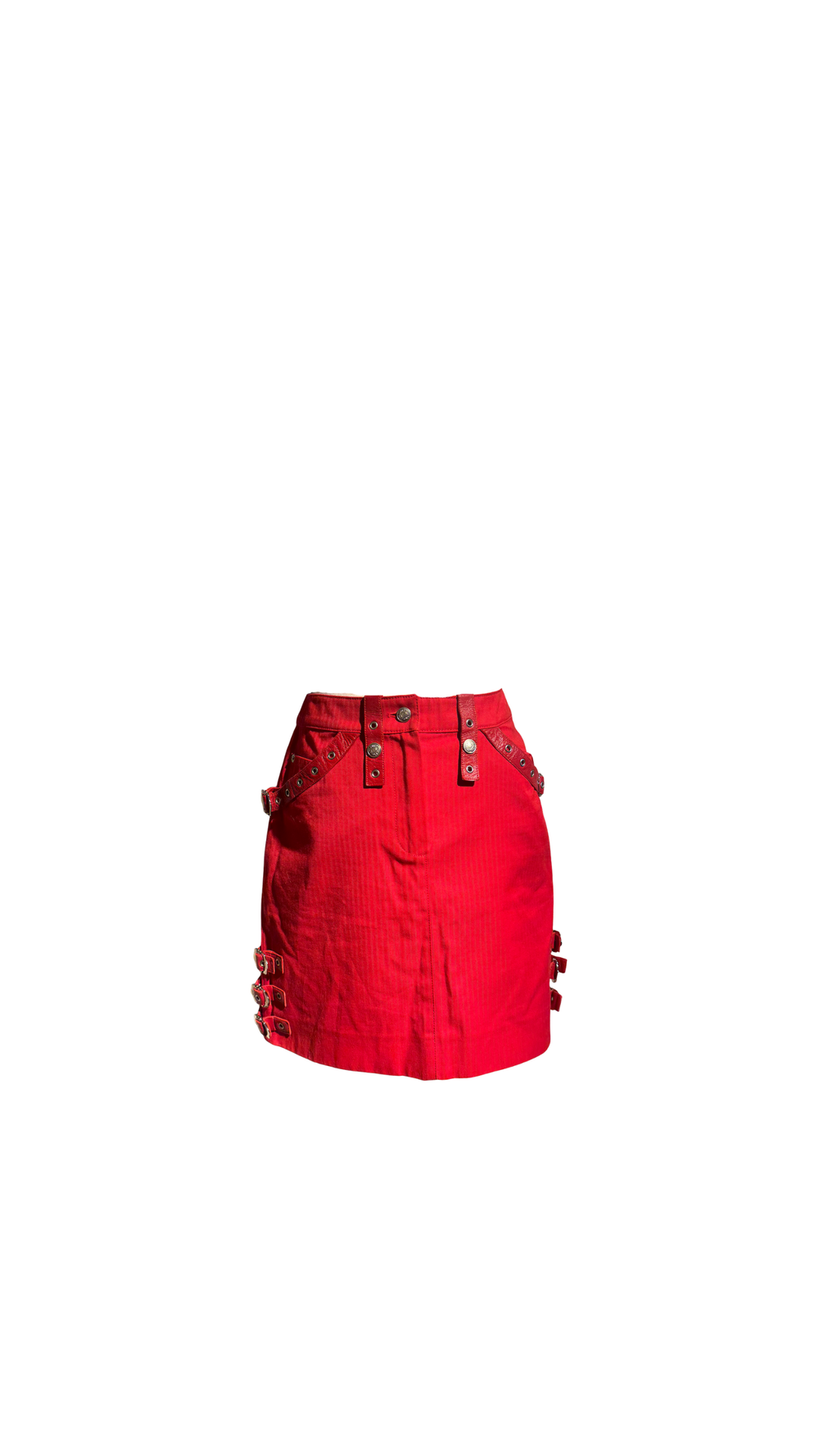 Christian Dior John Galliano F/W2003 Sexy Mini Skirt Bright Red Bondage Grommet Buckle Iconic Vintage FR34