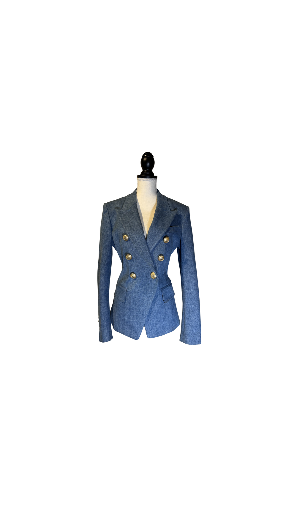 Balmain double breasted blazer jacket blue jean denim gold buttons IT 40 chic sexy long sleeve v neck collared faux pockets