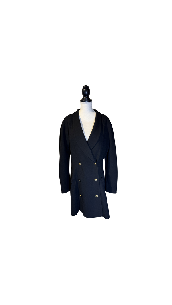 Chanel 1980s Jacket Coat 100% Cotton Black CC cocomark gold button double breasted Long Sleeve Fit Flare Classic design chic