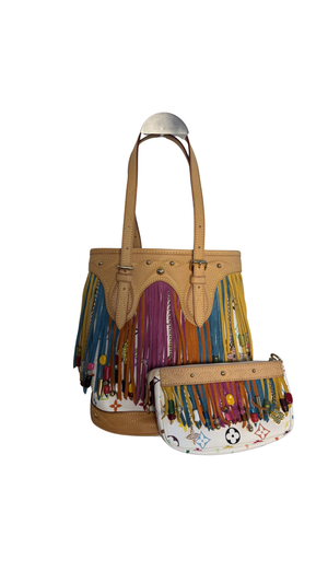 Louis Vuitton x Takashi Murakami Fringe Bucket Bag M40109 White Multicolor S/S 2006 Charm Vintage Monogram Collectors Western Tassel Boho Chic