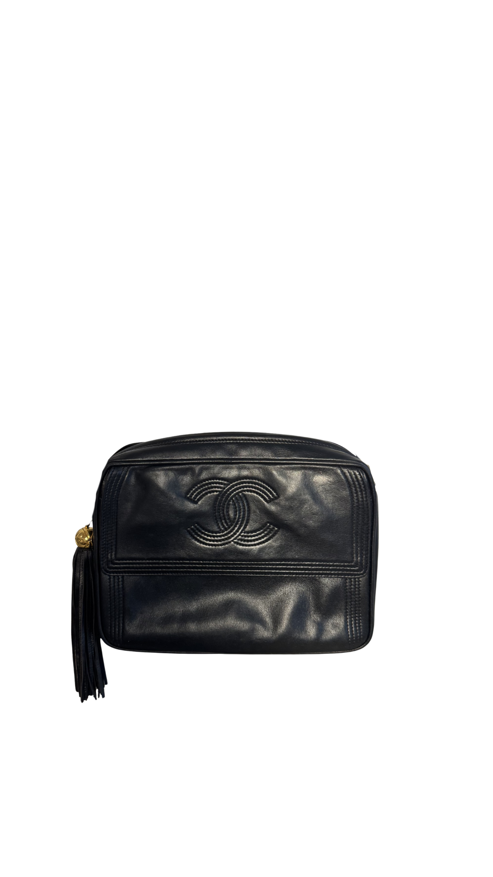 Chanel Vintage CC cocomark Camera Bag Black Leather Lambskin 24K Gold Hardware Karl Lagerfeld Tassel
