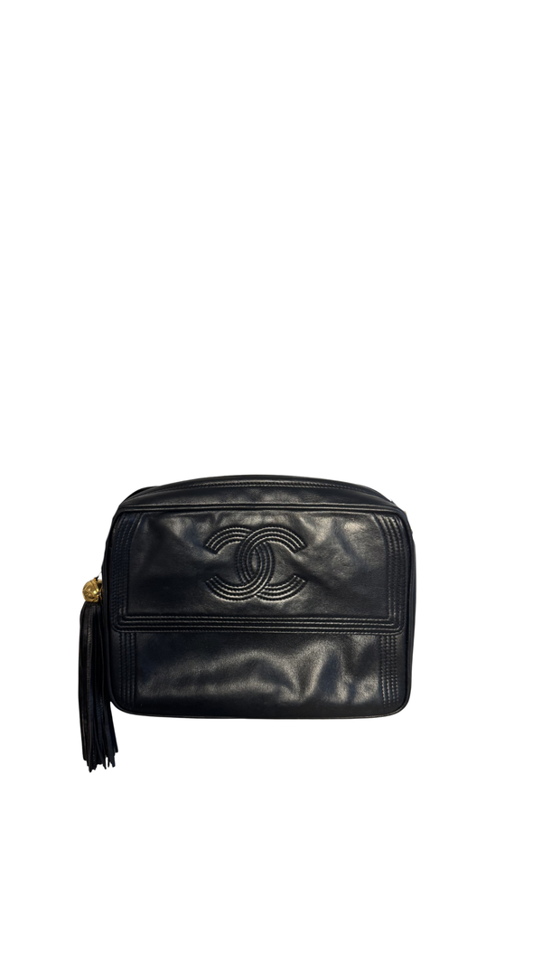 Chanel Vintage CC cocomark Camera Bag Black Leather Lambskin 24K Gold Hardware Karl Lagerfeld Tassel