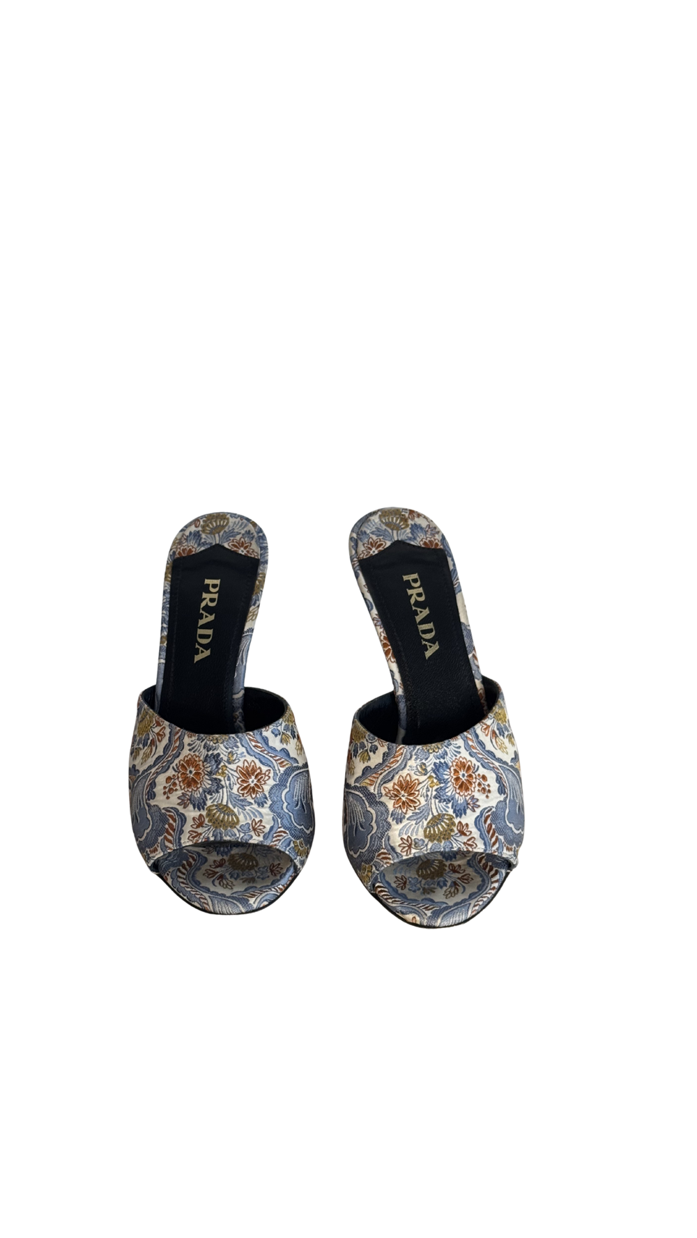 Prada Vintage Retro Floral Print Mules Multicolour Brocade Fabric Sloped Heeled Open Toe Sandal