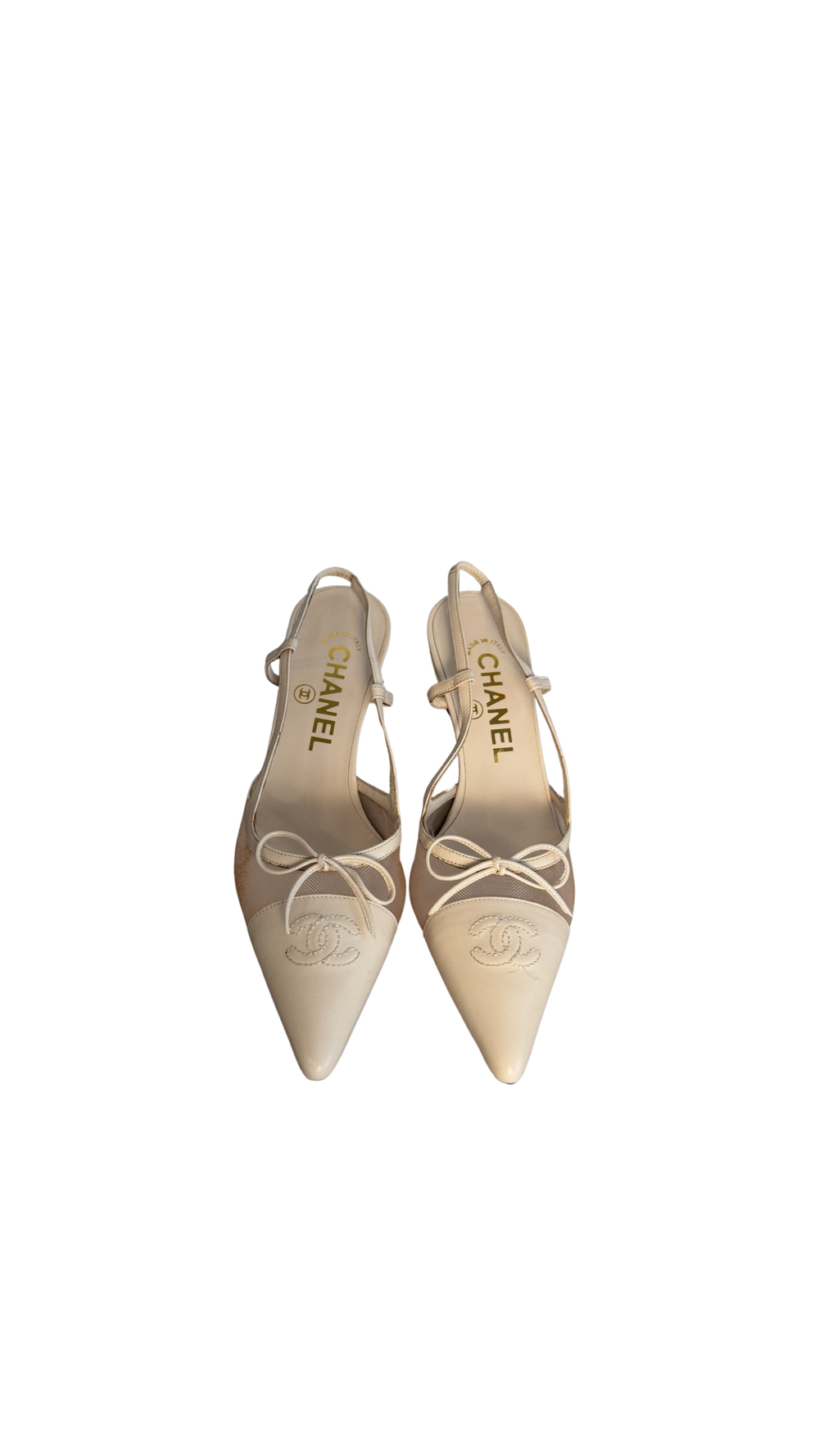 Chanel Vintage 2005 Karl Lagerfeld Vintage Ivory Mesh Slingback 35.5 Kitten Heels bow ballerina detail CC coco mark