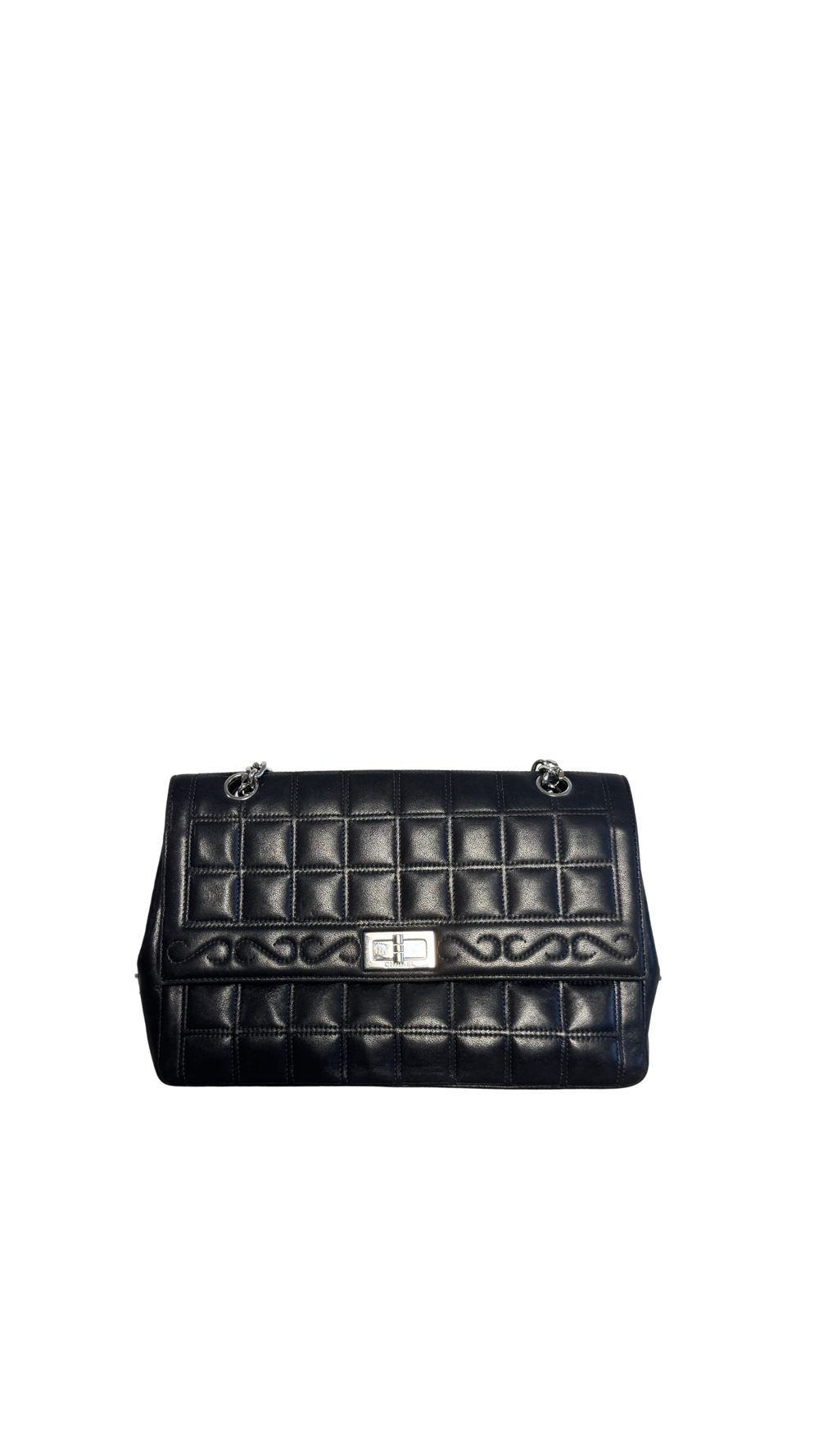 Chanel Vintage 2000-2002 Black Quilted Chocolate Bar Lambskin Leather Checked 2.55 Flap Bag Lagerfeld Western Embroidery Gunmetal hardware Rhinestone CC Coco Mark Face