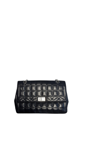 Chanel Vintage 2000-2002 Black Quilted Chocolate Bar Lambskin Leather Checked 2.55 Flap Bag Lagerfeld Western Embroidery Gunmetal hardware Rhinestone CC Coco Mark Face