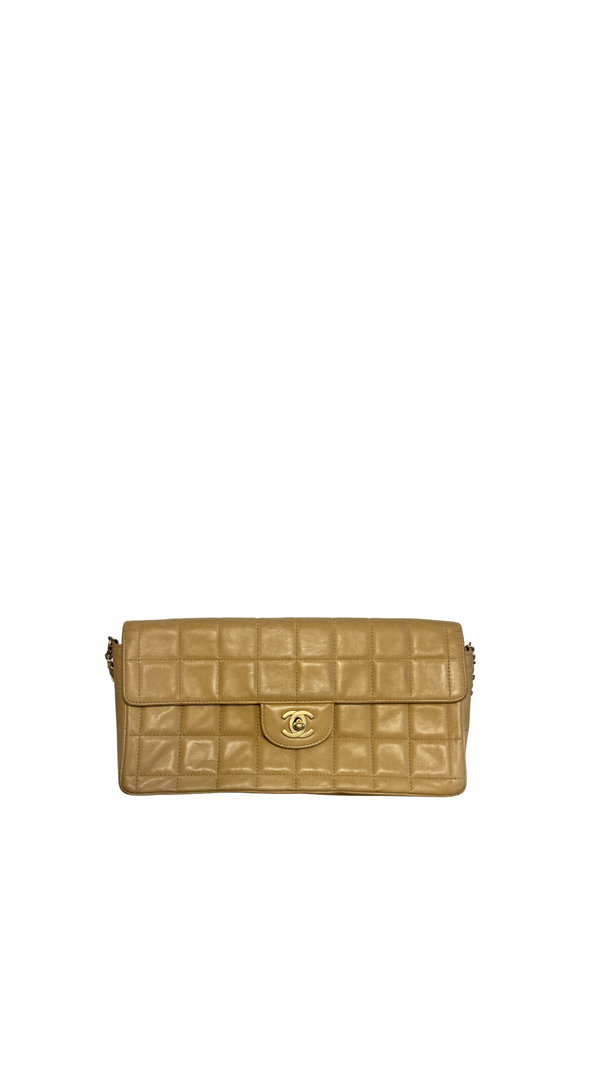 Chanel Vintage CC cocomark East West Chocolate Bar Flap Bag Beige Cream Leather Lambskin 24K Gold Hardware Karl Lagerfeld Shoulder Bag