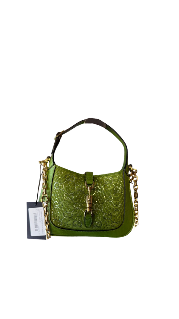 Gucci Sequin Canvas Lizard Crystal GG Monogram Mini Jackie 1961 Green