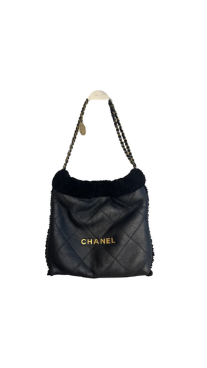 Chanel 2023 Shearling Trim Quilted Small 22 Lambskin Hobo Bag Black Gold Leather CC Coco Mark Chain Strap
