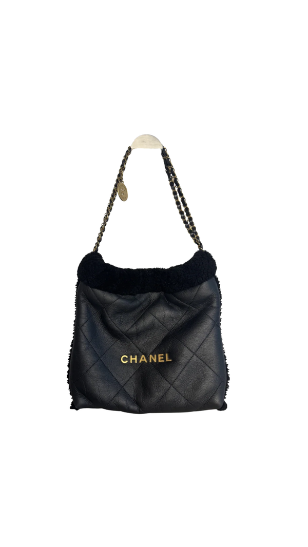 Chanel 2023 Shearling Trim Quilted Small 22 Lambskin Hobo Bag Black Gold Leather CC Coco Mark Chain Strap