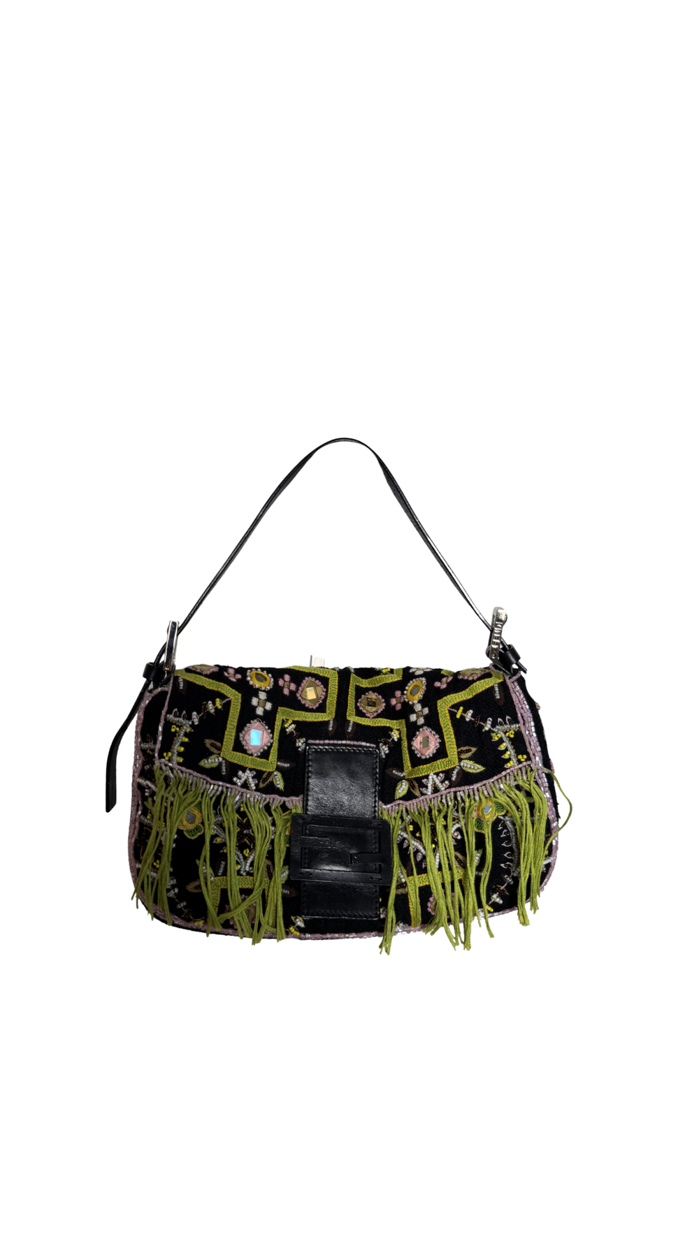 Fendi Baguette 2000 Vintage Beaded Canvas Body Green Brown Trim Fringe Tassel Embroidered Shoulder Bag Brown Limited Edition Leather Accents