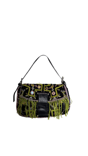 Fendi Baguette 2000 Vintage Beaded Canvas Body Green Brown Trim Fringe Tassel Embroidered Shoulder Bag Brown Limited Edition Leather Accents