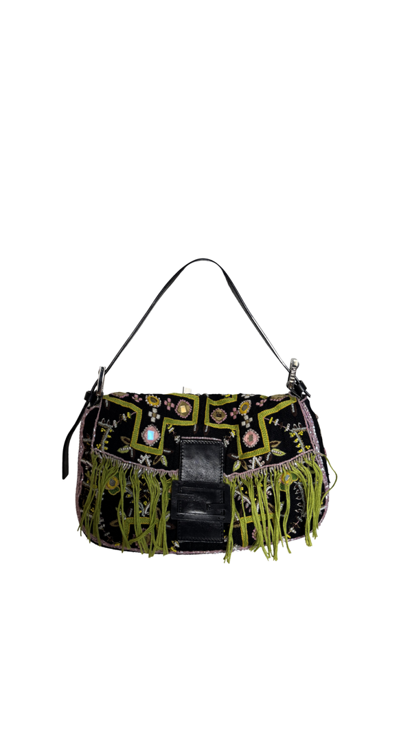 Fendi Baguette 2000 Vintage Beaded Canvas Body Green Brown Trim Fringe Tassel Embroidered Shoulder Bag Brown Limited Edition Leather Accents