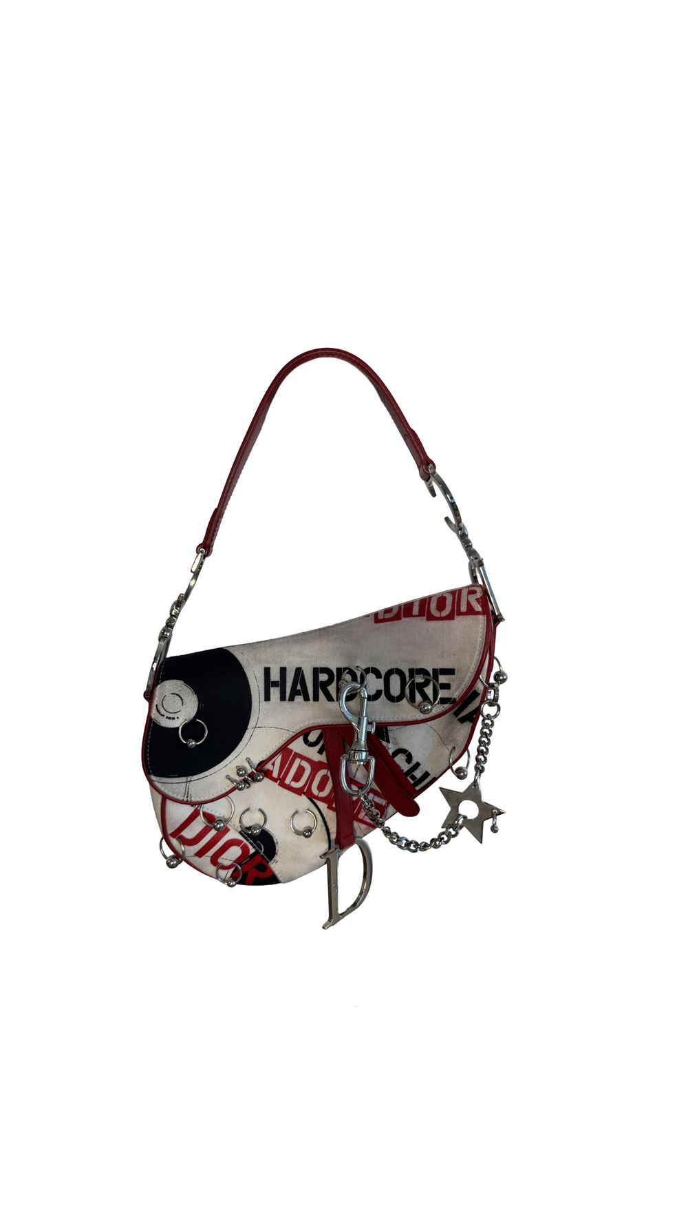 Rare Vintage Christian Dior "Hardcore" piercing graphic limited edition Saddlebag S/S 2003 John Galliano White Black red chain charm detailing