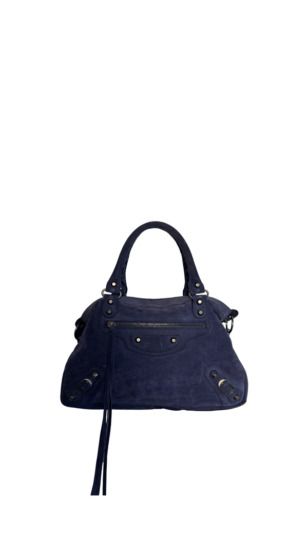 Balenciaga City Bag Le City Limited Edition Suede Navy Blue Leather Trim Shoulder Bag Motorcycle Shoulder Bag
