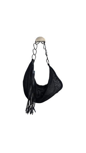 Chanel Black Mesh Hobo Bag Ruthenium Hardware Chain Link Fringe Tassel 2003/2004 Karl Lagerfeld CC Coco Mark Black Monochrome `Chanel' Spell out