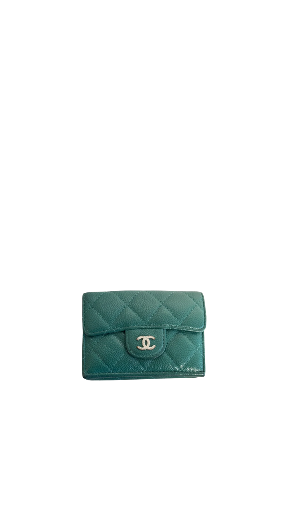 Chanel Purse Emerald Green Quilted Caviar Leather Classic Flap Card Holder CC Coco Mark Trifold with Gold Hardware