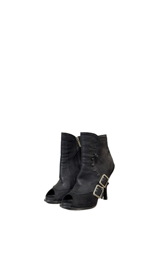 Christian Dior Vintage Archive Runway S/S 2010 Couture Spy Boots Black Leather Peep Toe Stiletto Buckle Ankle Boots John Galliano
