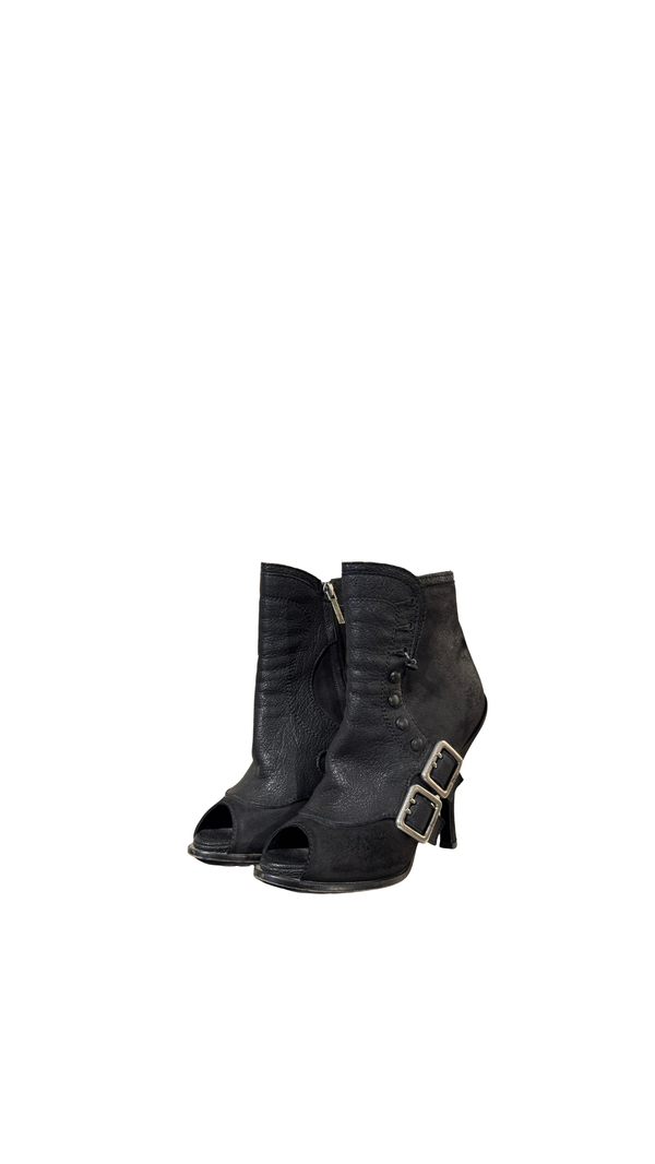 Christian Dior Vintage Archive Runway S/S 2010 Couture Spy Boots Black Leather Peep Toe Stiletto Buckle Ankle Boots John Galliano