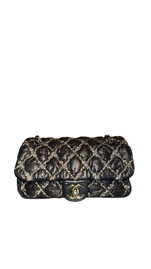 Chanel Black Quilted Satin Tweed Medium Classic Single Flap Shoulder Bag Gold Hardware