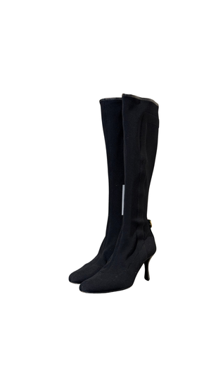 Gucci Black Stretch Fabric Knee High Boots Web Stripe Gold Buckle Kitten Heel Size EU 36